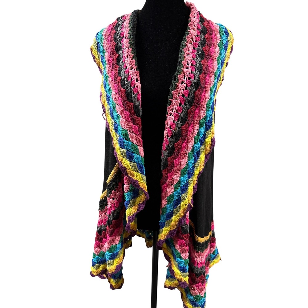 Double Zero Boho Rainbow‎ Crochet Cardigan Sweater Womens M Open Front Hippie